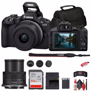 Canon EOS R50 Mirrorless Camera with 18-45mm Lens (Black) (5811C012) + 64GB Memory Card