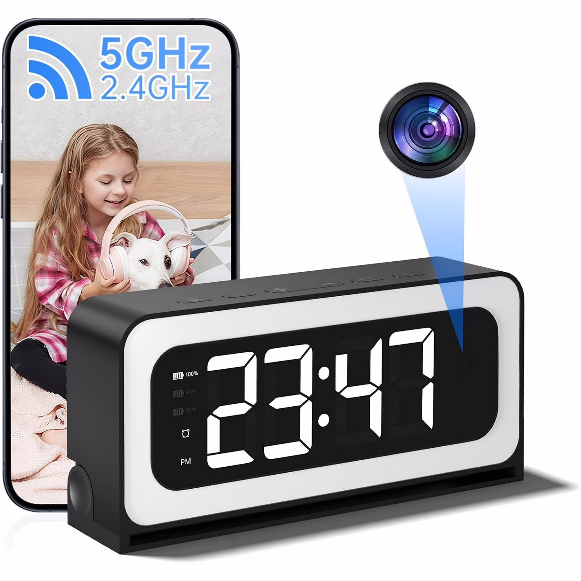 Smart Clock Camera, 5G&2.4G WiFi Security Cameras Wireless Indoor, 2K Cameras for Home Security